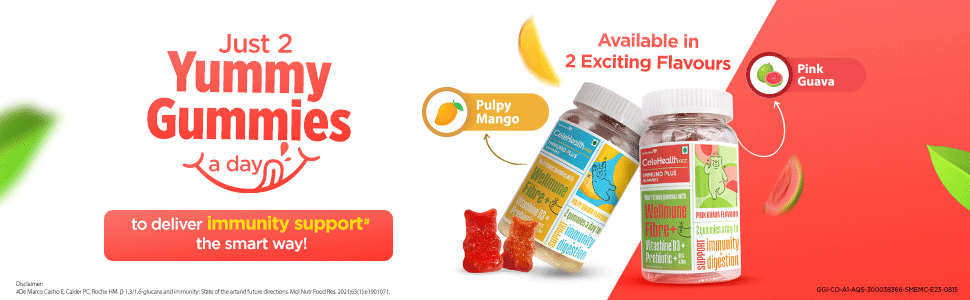Dr. Reddy's CeleHealth Kidz Immuno Plus Multivitamin Gummies with Wellmune, Vitamin C & Zinc for Kids (4 - 12 Years) | Supports Immunity and Digestion | Pulpy Mango Flavour | 30 Gummies - Pack of 4 | 100% Vegetarian