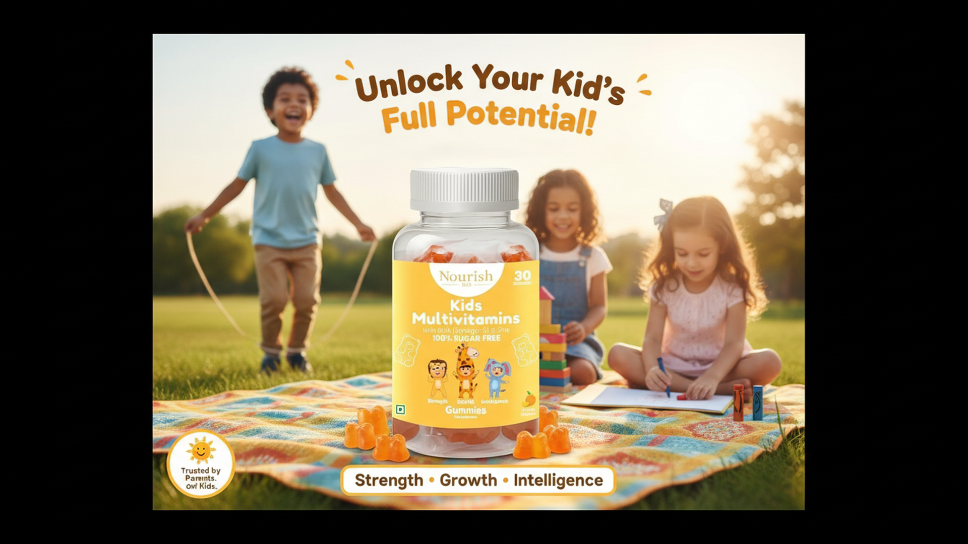 Nourish BIO Kids Multivitamin (Sugar-Free) Gummies with Calcium, Vitamin D3, A, B6, B12, C, E, Folic Acid, Biotin DHA & Zinc, for growth & development Supports Immunity, Energy, and Bone Health (2, 30 Gummies Per Pack)