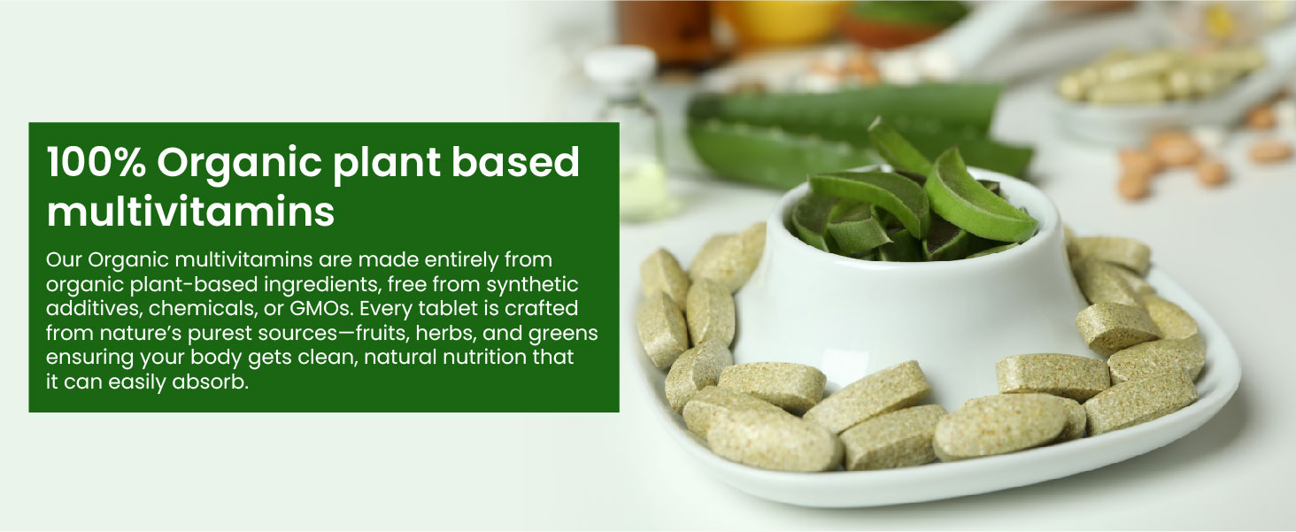 Vlado's Himalayan Organics - Organic Multivitamins with Iron ,Zinc ,Vitamin B3, C ,Organic Ashwagandha , Tribulus & Turmeric - 100% Organic , Non-Synthetic - for Immunity, Engergy stamina , Hair, Skin & Bones - 60 Veg Tablets