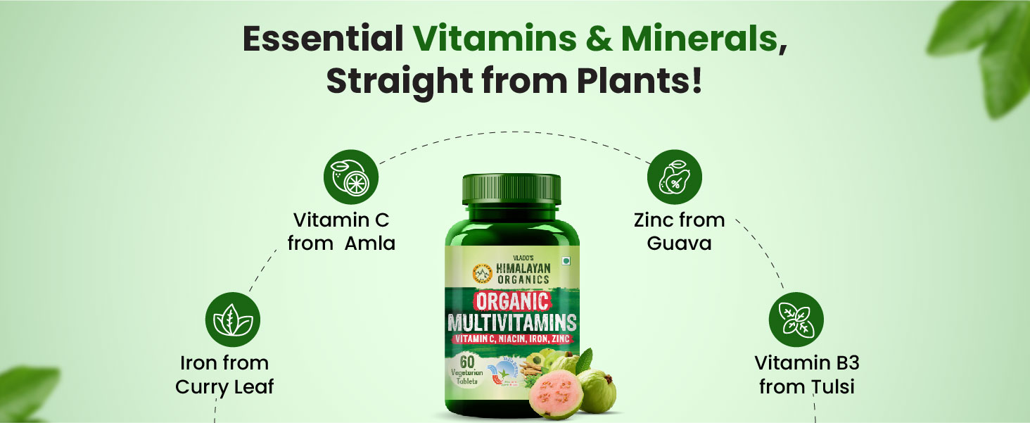 Vlado's Himalayan Organics - Organic Multivitamins with Iron ,Zinc ,Vitamin B3, C ,Organic Ashwagandha , Tribulus & Turmeric - 100% Organic , Non-Synthetic - for Immunity, Engergy stamina , Hair, Skin & Bones - 60 Veg Tablets