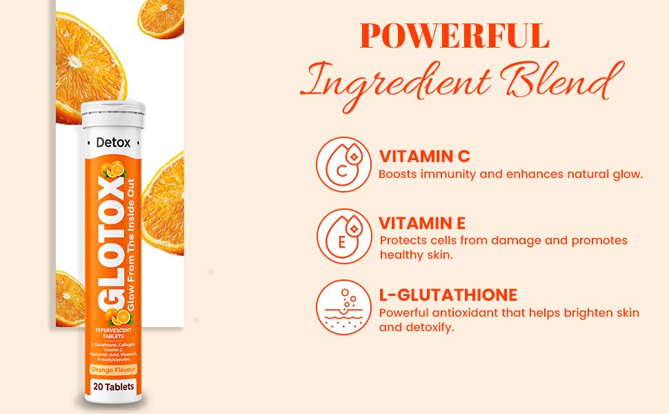 GLOTOX L Glutathione 500 mg Effervescent Tablets | Collagen 500 mg | Vitamin C | Hyaluronic Acid | Vitamin E | NAC | Orange Flavour | Dietary Supplement | 20 Tablets Pack of 1