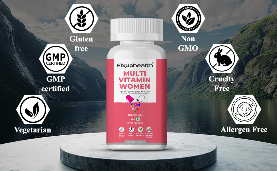 Fixuphealth Multivitamin Capsules for Women | Multivitamin with Probiotics, Omega 3, Evening Primrose Oil, Vitamins C, B12, Magnesium & Zinc | Immunity, Energy & Daily Wellness Support | 60 Capsules