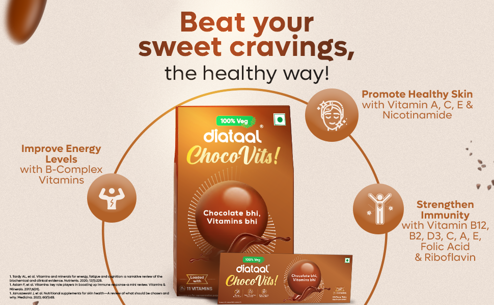 Diataal ChocoVits Veg Chewable Multivitamin | 10 Chocolaty Tabs with 11 Essential Vitamins | Power of B-complex vitamins, B12, D3, Nicotinamide, Vitamin A, C & E for Energy | Immunity | Healthy Skin.