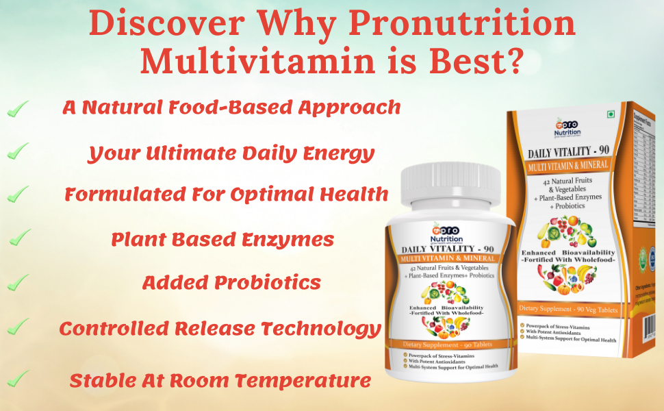 Pronutrition Daily Vitality Multivitamin & Mineral Tablets for Men & Women | 42 Fruits & Vegetables Blend | Enzymes & Probiotics | Immune, Energy & Digestive Support | 90 Veg Tablets