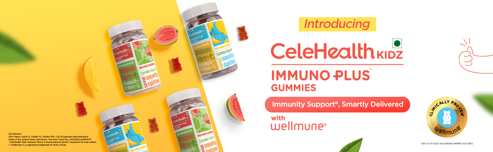 Dr. Reddy's CeleHealth Kidz Immuno Plus Multivitamin Gummies with Wellmune, Vitamin C & Zinc for Kids (4 - 12 Years) | Supports Immunity and Digestion | Pulpy Mango Flavour | 30 Gummies - Pack of 3 | 100% Vegetarian