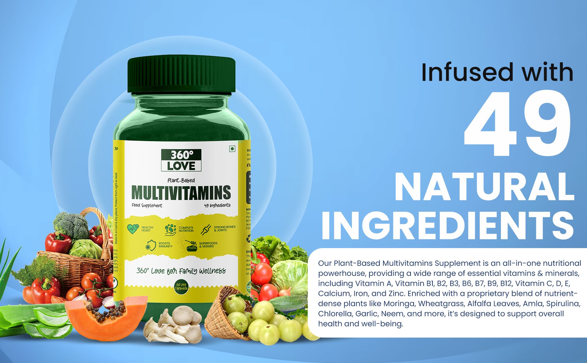 Plant-Based Multivitamins | 60 Veg Capsules | With 49 Natural Ingredients, Vitamin D, C, Magnesium & Zinc | Daily Wellness Supplement for Men & Women | Vegan, No Artificial Additives