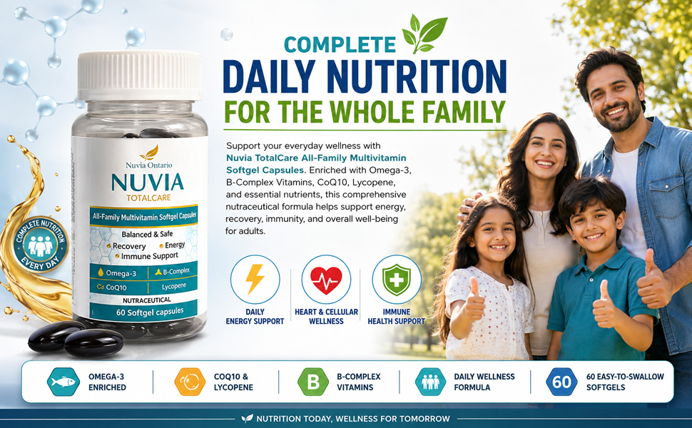 Nuvia TotalCare All-Family Multivitamin Softgel Capsules | Omega-3, B-Complex, CoQ10 & Lycopene | Supports Energy, Recovery & Immune Health | Nutraceutical | 60 Softgel Capsules