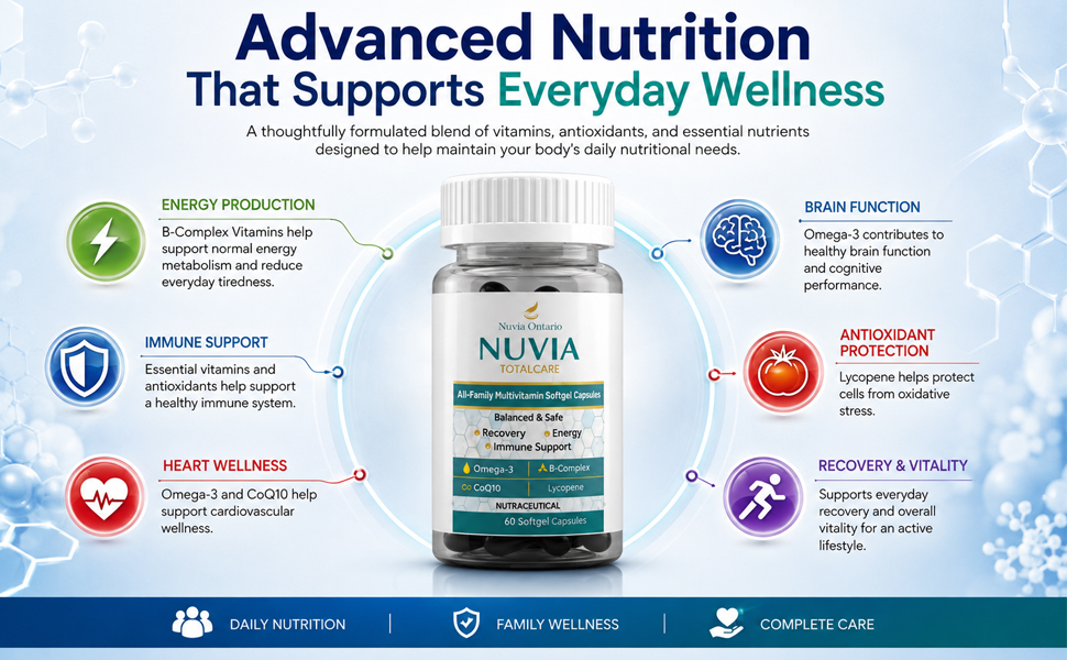 Nuvia TotalCare All-Family Multivitamin Softgel Capsules | Omega-3, B-Complex, CoQ10 & Lycopene | Supports Energy, Recovery & Immune Health | Nutraceutical | 60 Softgel Capsules