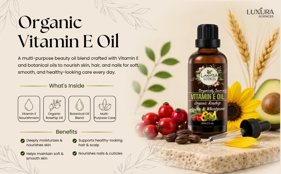 LUXURA SCIENCES Organic Vitamin E Oil 30ml. (Specialist Skin Care Oil- Naturally Sourced)