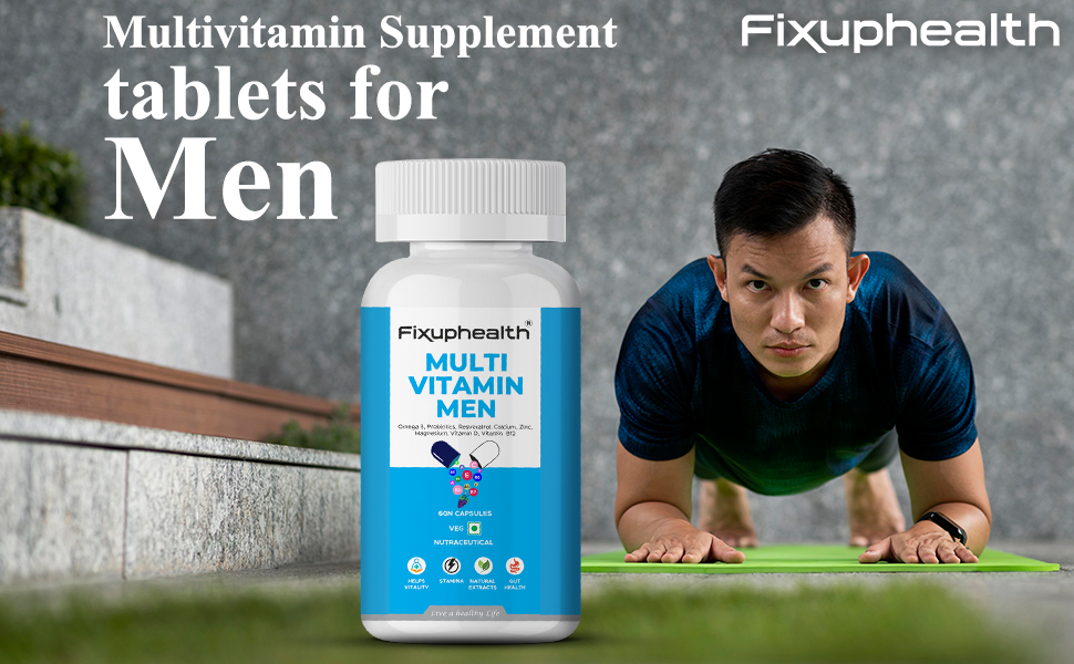 Fixuphealth Multivitamin Capsules for Men | Multivitamin with Probiotics, Omega 3, Vitamins B12, C, D, Zinc, Calcium & Magnesium | Immunity, Energy & Daily Wellness Support | 60 Capsules