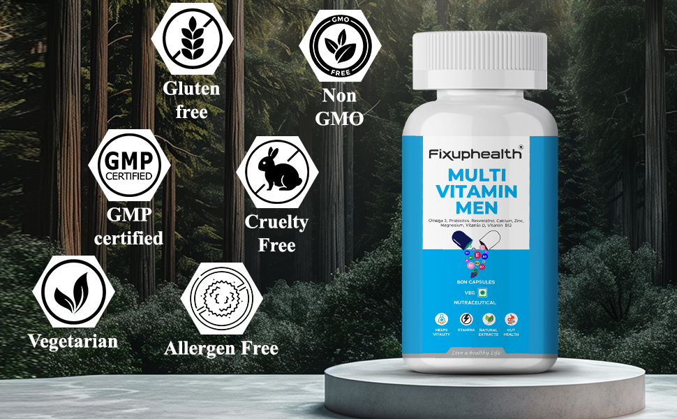 Fixuphealth Multivitamin Capsules for Men | Multivitamin with Probiotics, Omega 3, Vitamins B12, C, D, Zinc, Calcium & Magnesium | Immunity, Energy & Daily Wellness Support | 60 Capsules