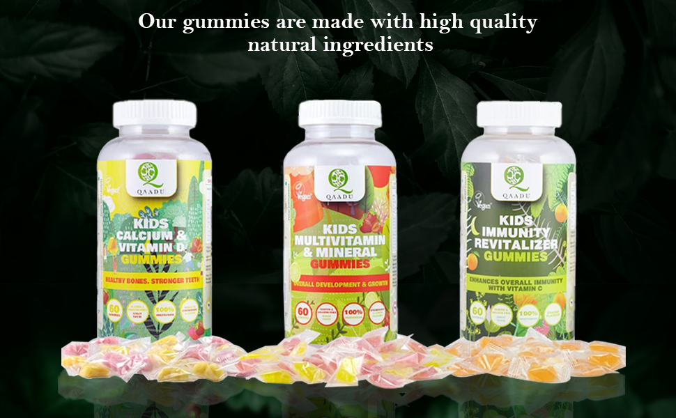 Kids Multivitamin with Minerals Gummies + QAADU Calcium & Vitamin D Gummy 60pc Combo for Healthy Bones, Growth | Kids Multivitamin Supplements, Nutrients Booster