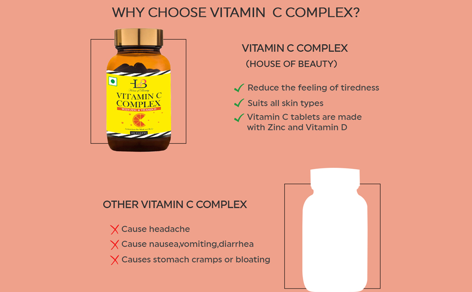 HOUSE OF BEAUTY Vitamin C Complex with Zinc and Vitamin D - Helps to Improve Immunity, Hair Skin, Boost Energy, Healthy Skin, Vitamin C Tablet for Men and Women (60 Tablets)