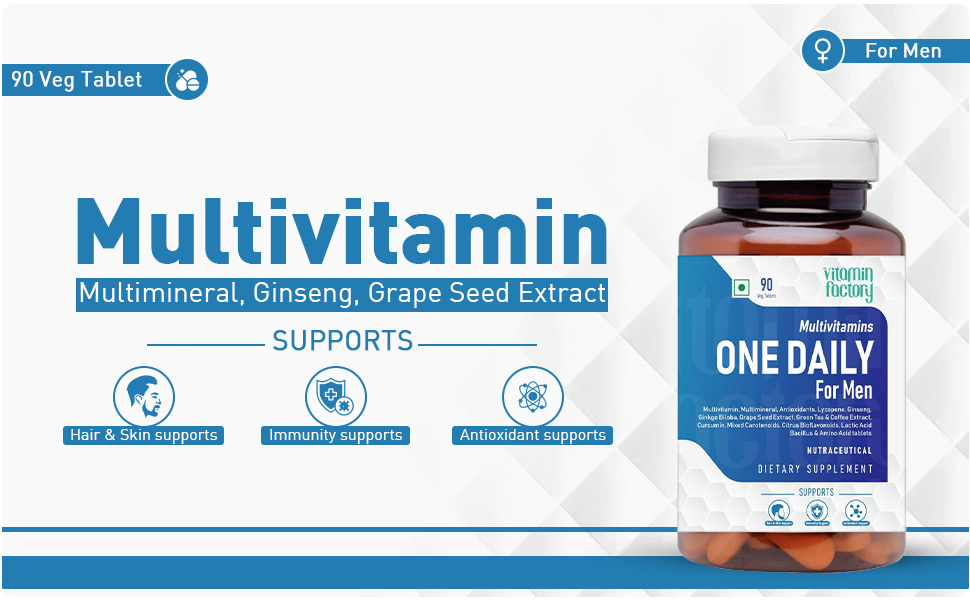 Multivitamin For Men | Multimineral, Ginseng, Grape Seed Extract| Enhances Energy, Stamina, Boost Immunity- 90 Vegetable Tablet