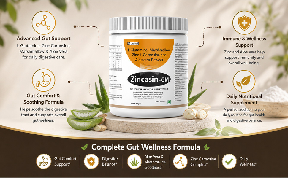 Zincasin -GM (LeeWell) L-GLUTAMINE Pure Powder for Gut health, Zinc carnosine, Aloe Vera, Marshmallow | Gut Lining Repair Support | Support Gut Permeability, Leaky Gut, Intestine Lining, Ulcer Health - 250g Powder