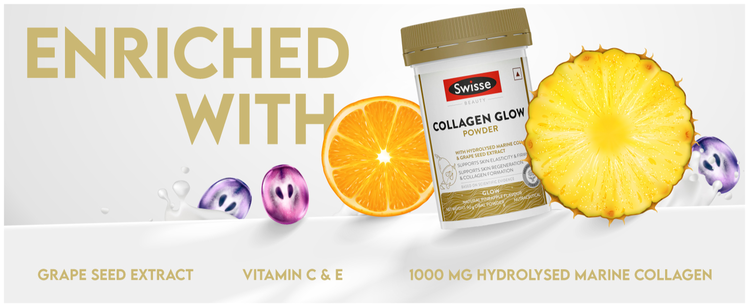 Swisse Collagen Glow - Hydrolysed Marine Collagen Powder (Type I and III) with Grape Seed for Enhanced Skin Elasticity and Firmness - Australia’s No.1 Beauty Nutrition Brand (30 Servings)
