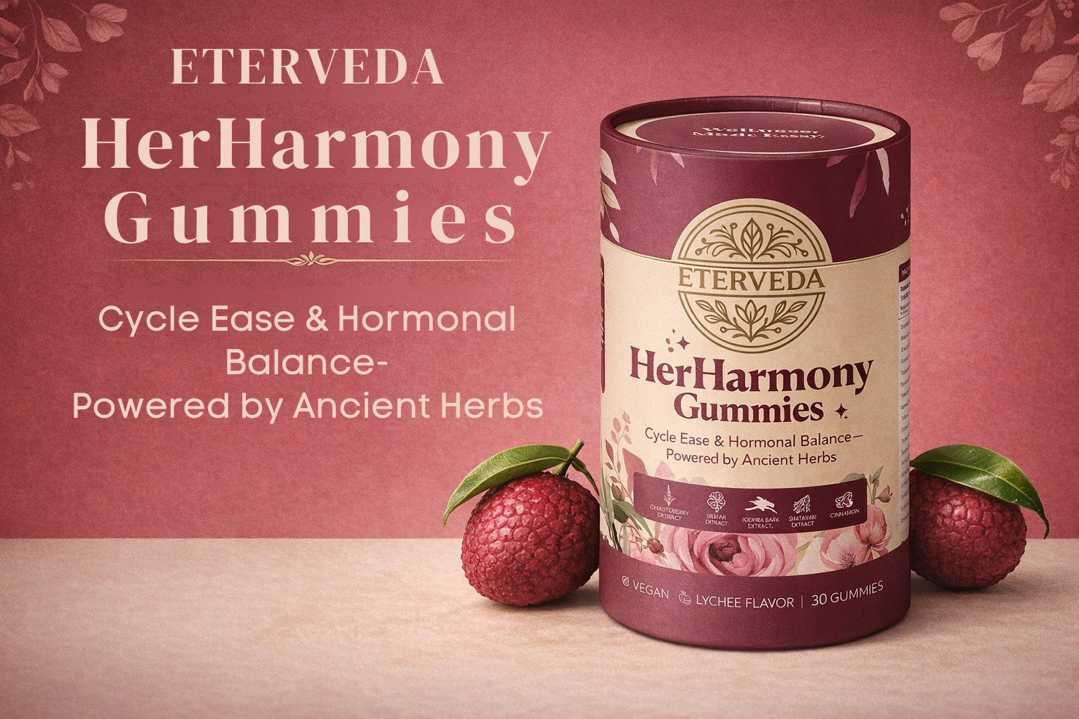 HerHarmony Women's Wellness Gummies | Ashoka Bark, Lodhra, Shatavari, Brahmi & Chasteberry Extract | Lychee Flavour | No Added Sugar | Herbal Women's Health Support | 30 Gummies