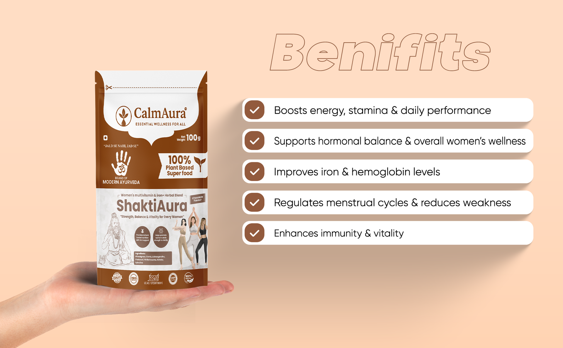 CalmAura ShaktiAura Women’s Ayurvedic Herbal Multivitamin Iron Blend Chocolate Flavour | Plant Based Nutrition for Energy Hormonal Balance Immunity | 100% Natural