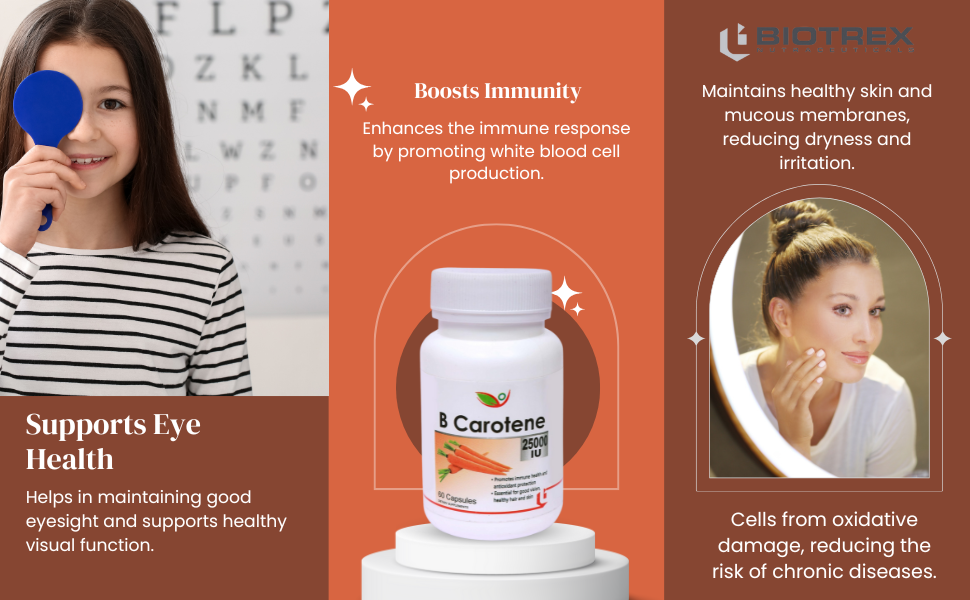 Biotrex Beta Carotene 25000IU - Essential for good vision, healthy hair and skin (60 Capsules), nutritional supplement, multivitamins, vitamin capsules, for men, women and adults, health supplements,