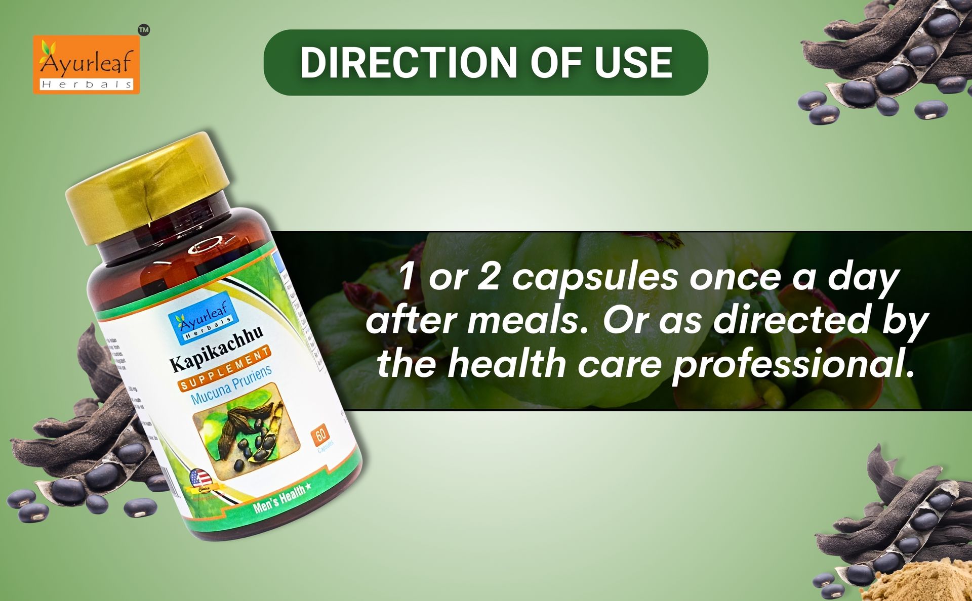 Ayurleaf Herbals Kapikachhu (Mucuna Pruriens) Capsules | Stress Reliever, Improves Brain & Nerve Function | 100% Natural Herb (Pack of 2, 120 Capsules)