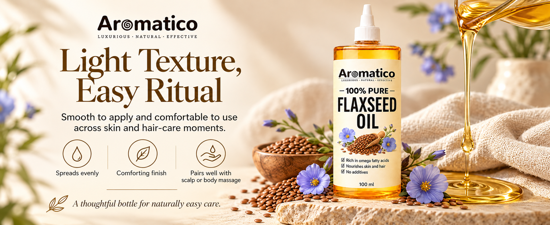 AROMATICO Flaxseed Oil for Skin, Hair, Scalp Massage & Lightweight DIY Beauty Care | Omega 3,6 & 9 Rich for Glowing Skin & Hair Growth - 100ml