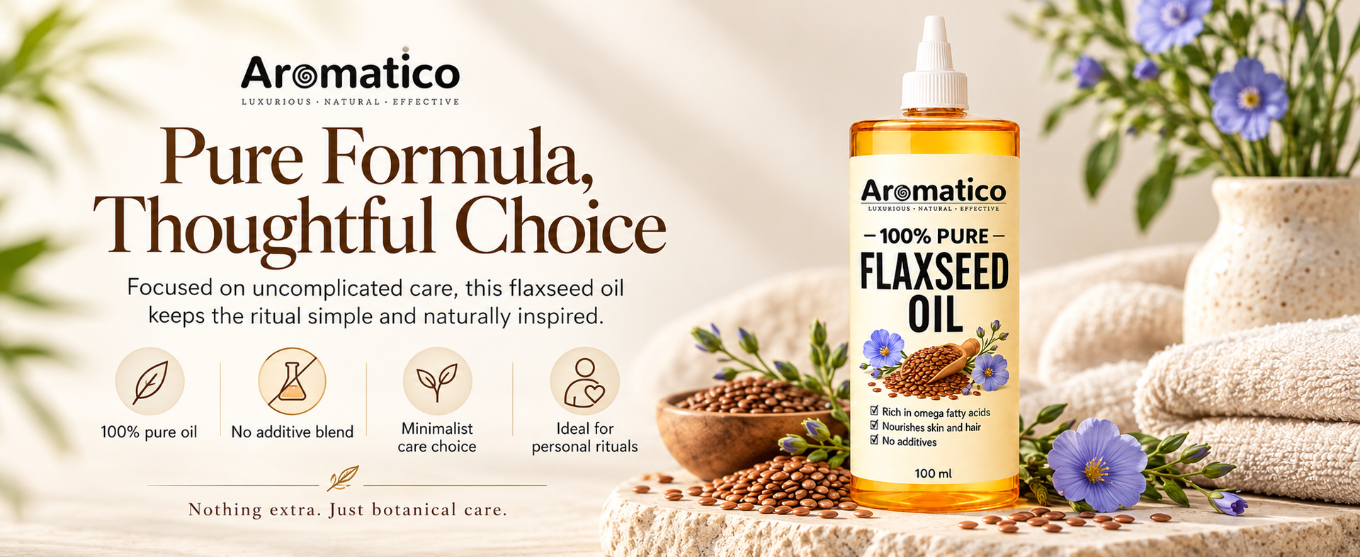 AROMATICO Flaxseed Oil for Skin, Hair, Scalp Massage & Lightweight DIY Beauty Care | Omega 3,6 & 9 Rich for Glowing Skin & Hair Growth - 100ml