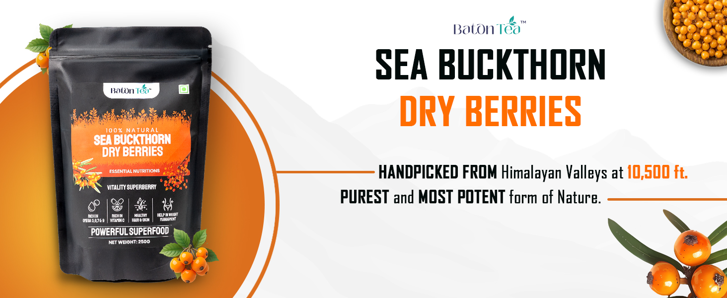 Baton Tea Sea buckthorn Dry Berry 250gm | Rich in fatty Acids Omega 3,6,7,9 | Collagen | Fiber | Sun Dried Seabuckthorn Berries | Multivitamin Vitamin C & E | Nourishes Skin & Hair |No Added Sugar or Preservatives | Pack of 2