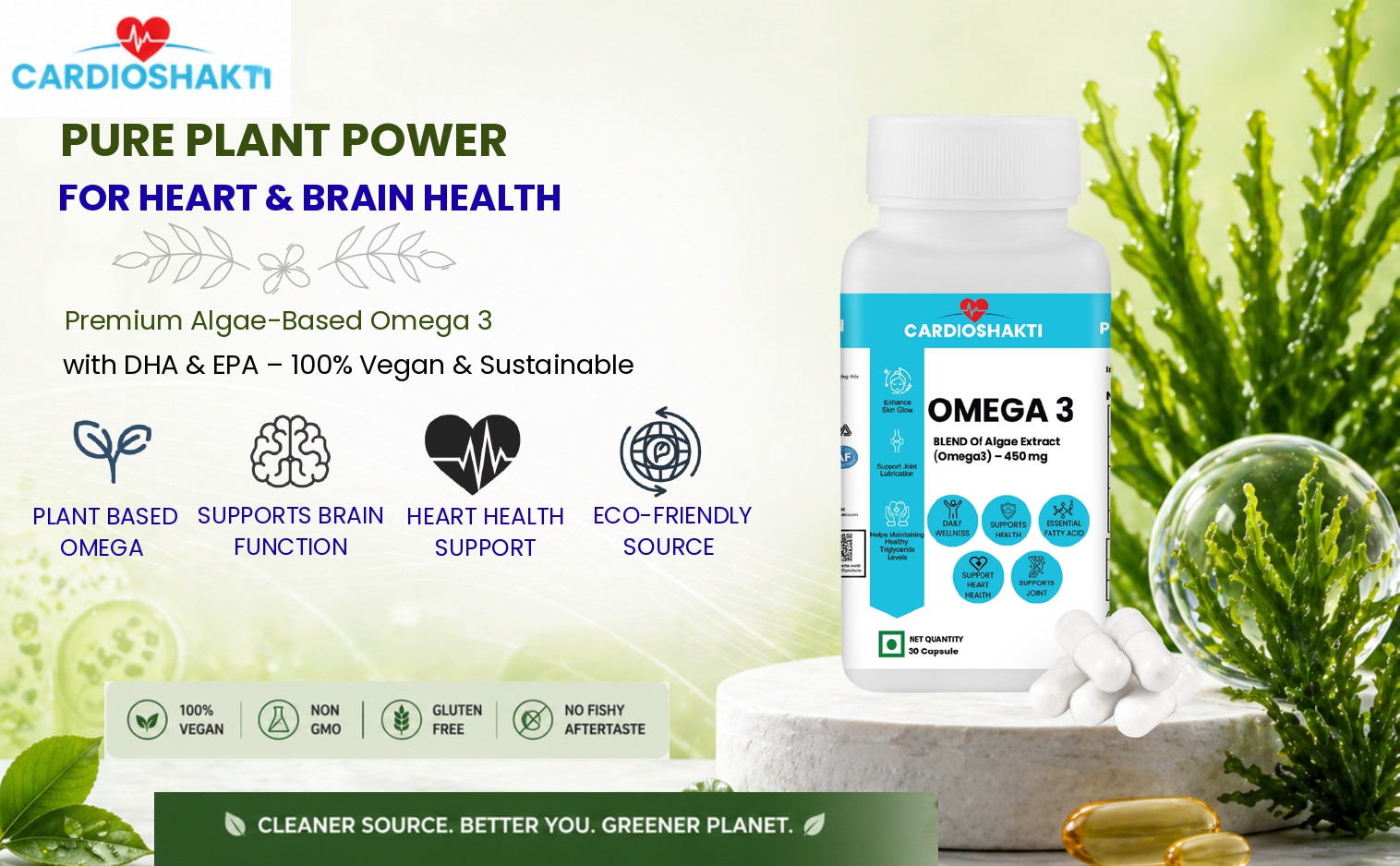 Cardio Shakti Premium Omega 3 Algae Extract 450 mg Vegan Capsules | Plant Based DHA & EPA Supplement for Heart, Brain, Eye & Daily Wellness | 30 Capsules