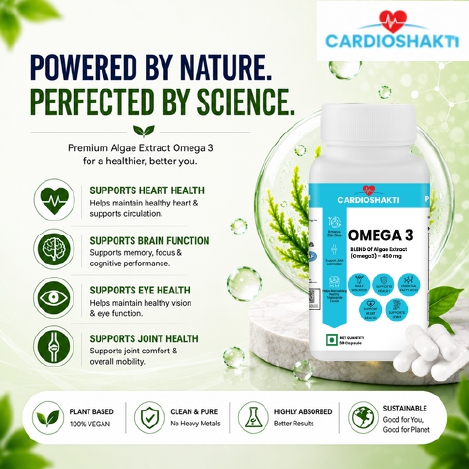 Cardio Shakti Premium Omega 3 Algae Extract 450 mg Vegan Capsules | Plant Based DHA & EPA Supplement for Heart, Brain, Eye & Daily Wellness | 30 Capsules