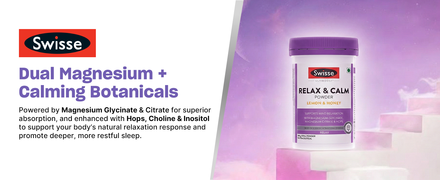 Swisse Relax & Calm Powder – Magnesium Glycinate & Citrate + Hops, Inositol & Choline - Supports Relaxation, Muscle Recovery & Healthy Sleep (Lemon & Honey Flavor, 24 Servings)