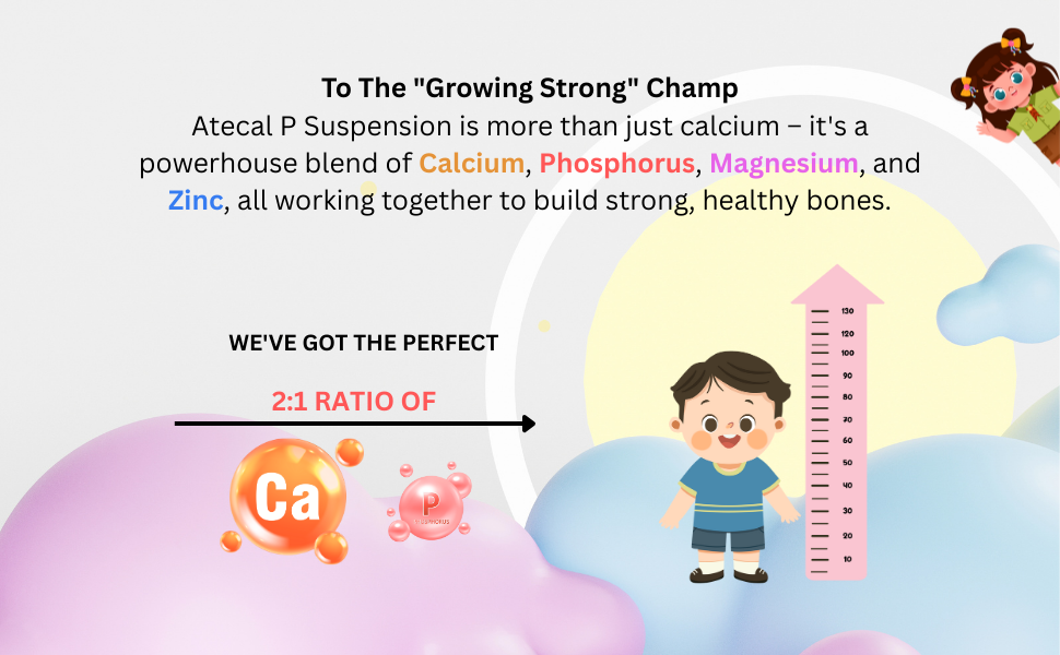 AteCal P Suspension | Calcium, Phosphorus, Magnesium, Zinc & Vitamin D3 Syrup | Bone Strength, Growth & Immunity Support | 200 ml