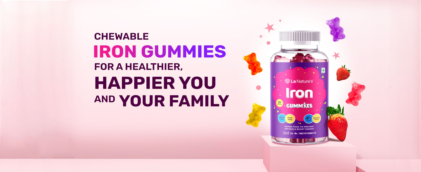 La Nature's Iron Gummies For Kids And Adults Superfood To Prevent Fatigue And Boost Energy Maintain Hameglobin Level Supports Immune System Strawberry Flavour (60 Gummies)