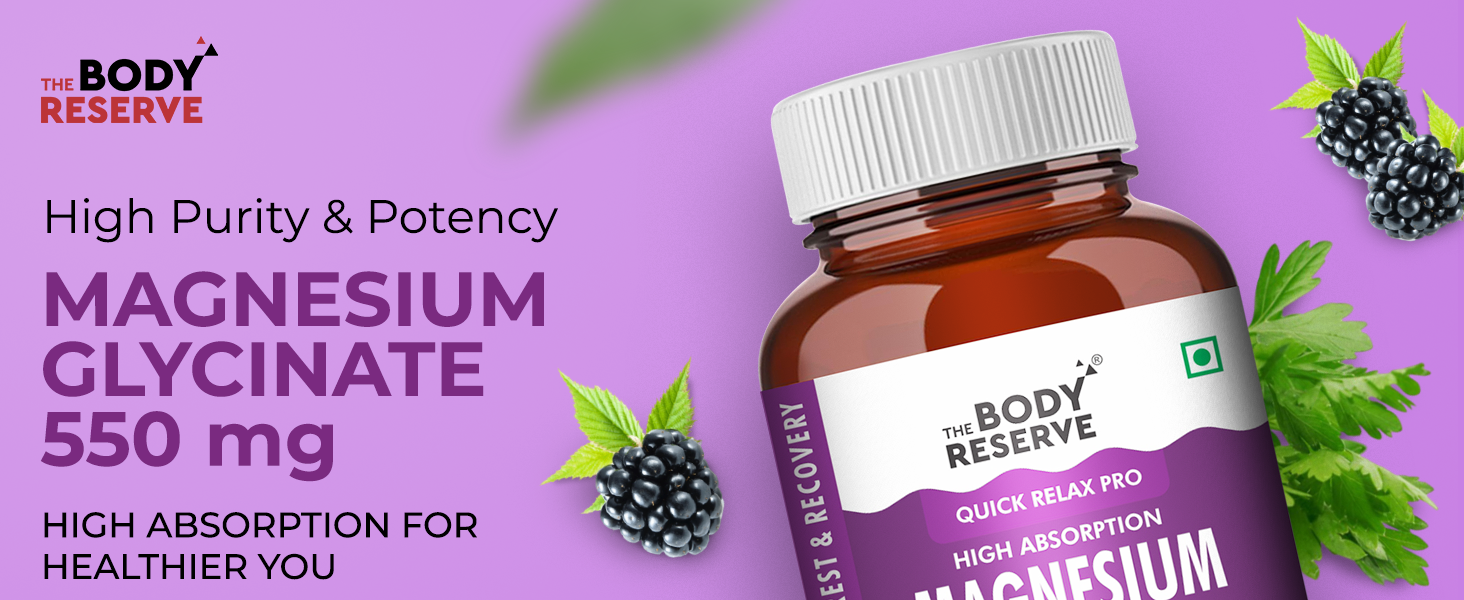 The Body Reserve Magnesium Glycinate Supplement - 60 Vegetable Capsules, 550mg Per Serving, High Absorption Chelated Form - Supports Muscle & Nerve Health, Relaxation for Men & Women