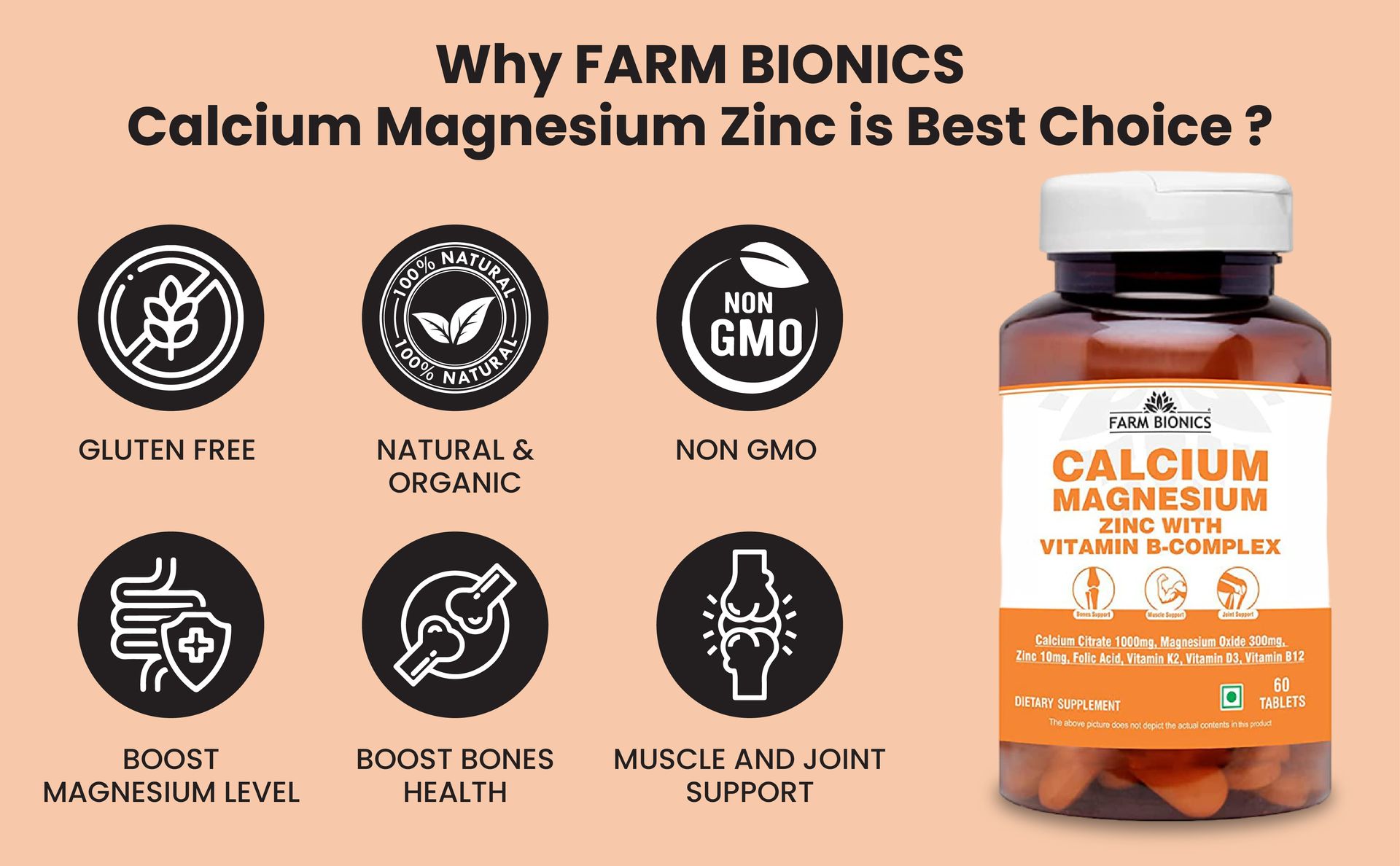 Calcium Magnesium Zinc with Vitamin B Complex | Multivitamin Supplements | Ideal Supplement for Bones, Muscle, and Joint Support | Calcium tablets for Men and Women (Pack of 1)