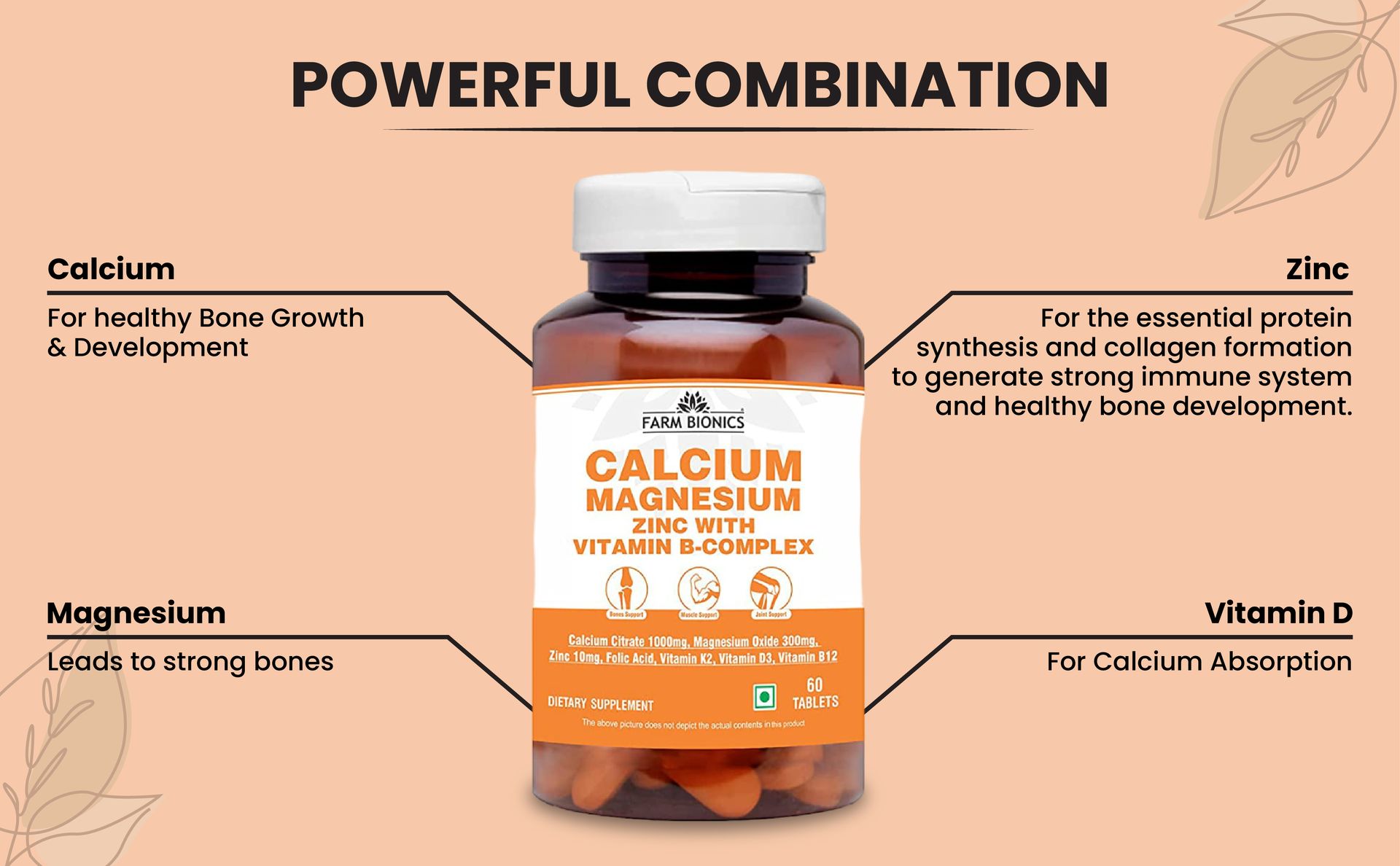 Calcium Magnesium Zinc with Vitamin B Complex | Multivitamin Supplements | Ideal Supplement for Bones, Muscle, and Joint Support | Calcium tablets for Men and Women (Pack of 1)