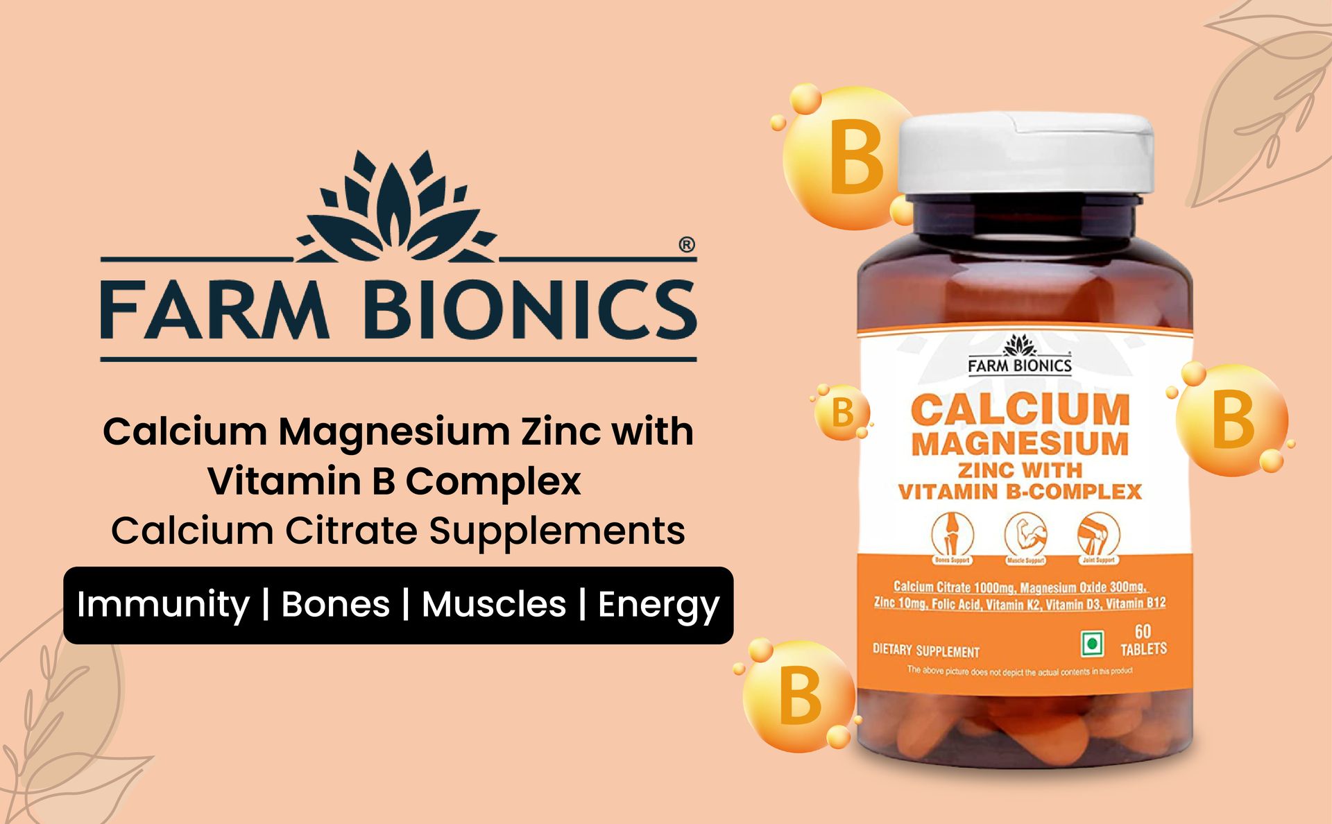 Calcium Magnesium Zinc with Vitamin B Complex | Multivitamin Supplements | Ideal Supplement for Bones, Muscle, and Joint Support | Calcium tablets for Men and Women (Pack of 1)