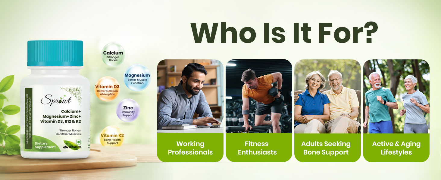 Sprowt Calcium Magnesium Zinc Vegetarian Tablets with Vitamin D3, B12 & K2 I Calcium Tablets for Women & Men to Support Bone Health, Joint & Immunity | Pack of 1 | 30 Count