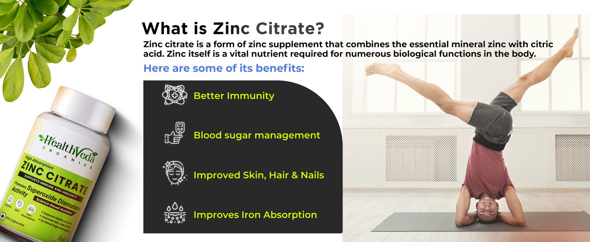 Health Veda Organics Zinc Citrate | Supports Immunity, Skin, Hair & Nails | 120 Veg Capsules for Men & Women