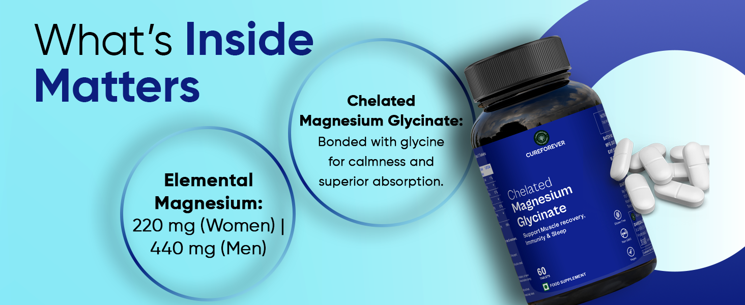 CUREFOREVER Magnesium Glycinate Supplement, Chelated Magnesium Bisglycinate Tablets for Muscle Recovery, Sleep Support & Digestion, Elemental Magnesiums 220mg/440mg – 60 Tablets