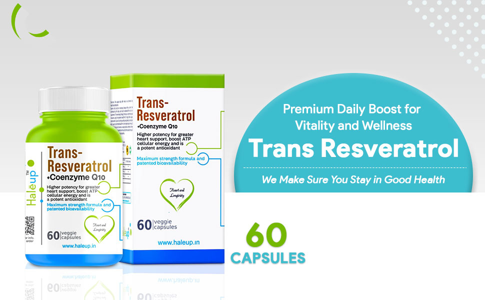 Haleup Trans Resveratrol, 500 mg || 60 capsules II Enriched with Coenzyme Q10 || Healthy Heart|| Brain|| Immunity