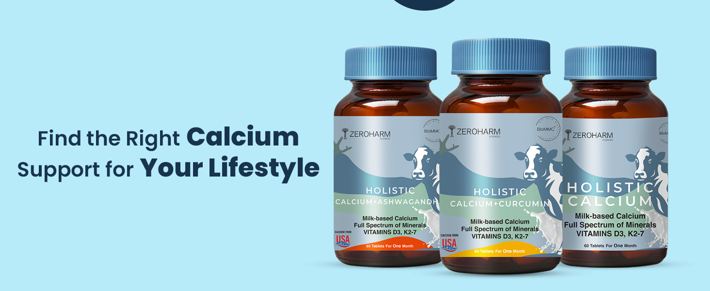 ZeroHarm Holistic Calcium + Curcumin - Milk Based Calcium With Magnesium, Vitamins D3, K2-7 - For Bone, Joint & Muscle Support - Plant-Based Herbal Supplement for Men and Women - 60 Tablets
