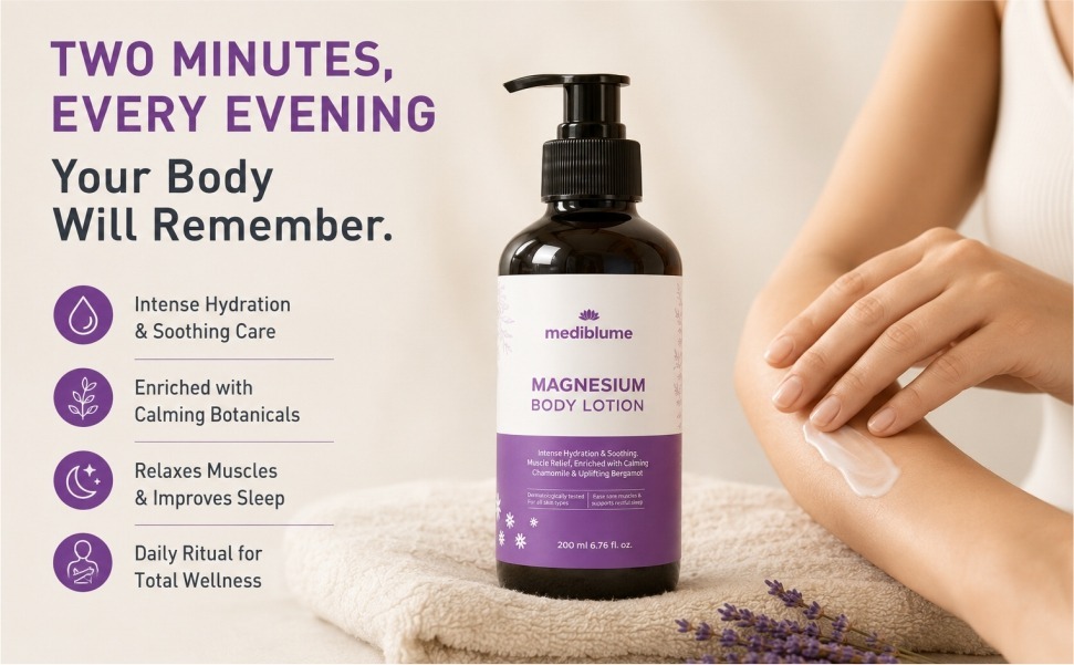 Magnesium Body Lotion for Muscle & Joint Comfort | Supports Post-Workout Recovery & Night Relaxation | For Tired Muscles & Occasional Cramps | Fast Absorbing | With Chamomile, Lavender, Almond Oil, Vitamin E & Aloe Vera | 200ml