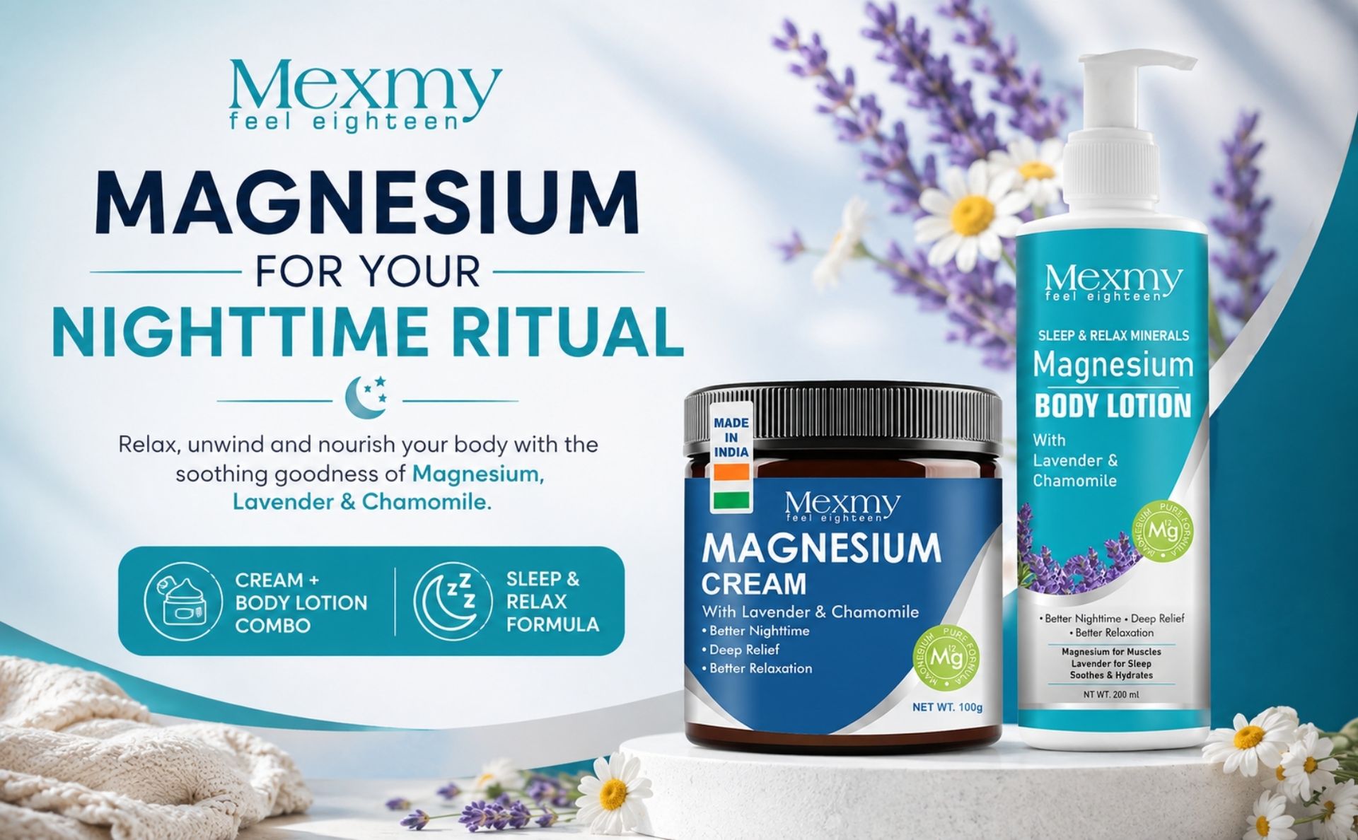 Mexmy Magnesium Cream & Body Lotion Combo with Lavender & Chamomile | Sleep & Relax Minerals Formula | Muscle Relaxation & Recovery | Deep Pain Relaxation, Skin Hydration & Recovery Support | Cream 100g + Lotion 200ml
