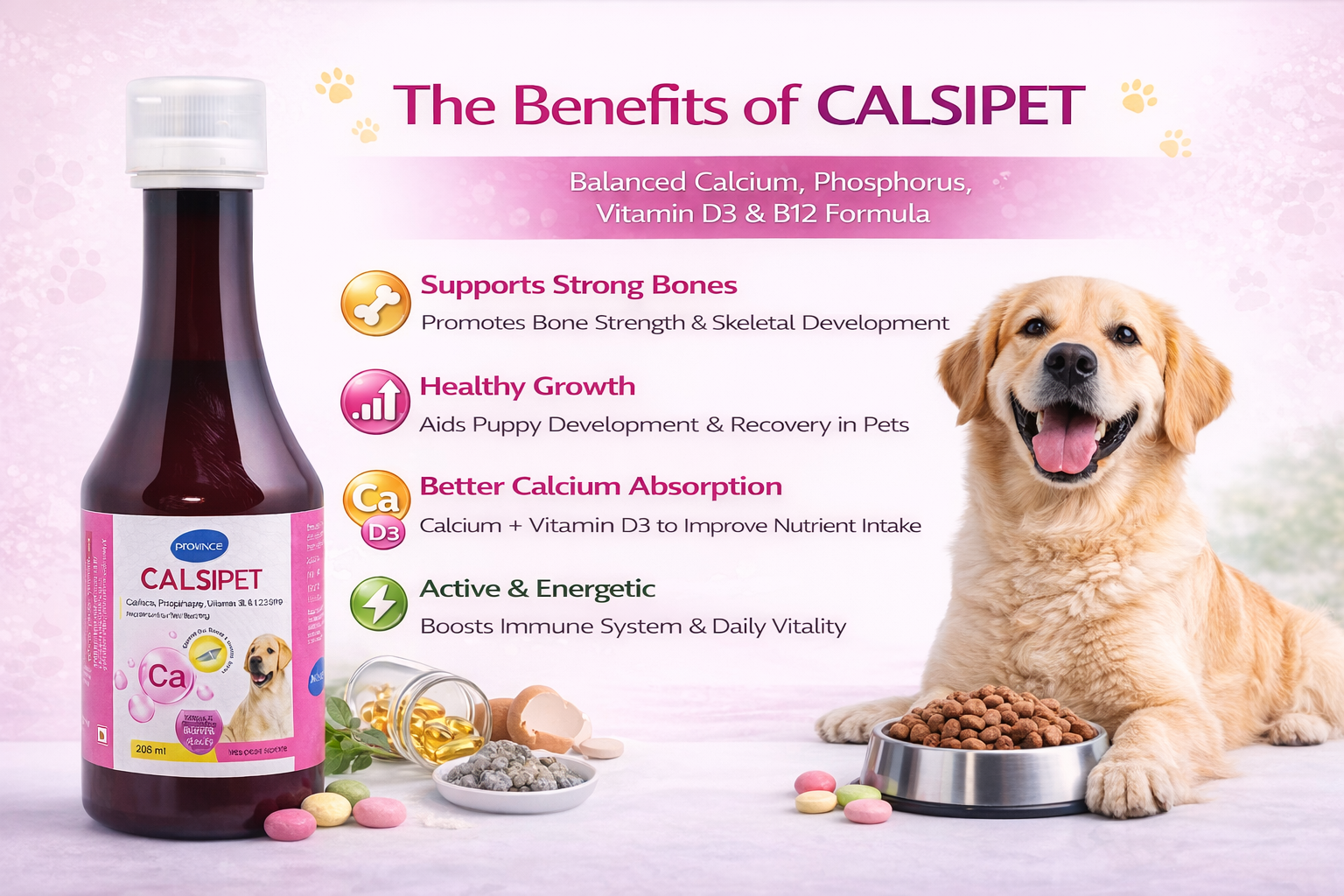 Wag and meaw Calsipet Calcium Phosphorus Vitamin D3 B12 Syrup for Dogs and Cats, 200 ml, Bone Strength Growth Immunity Support