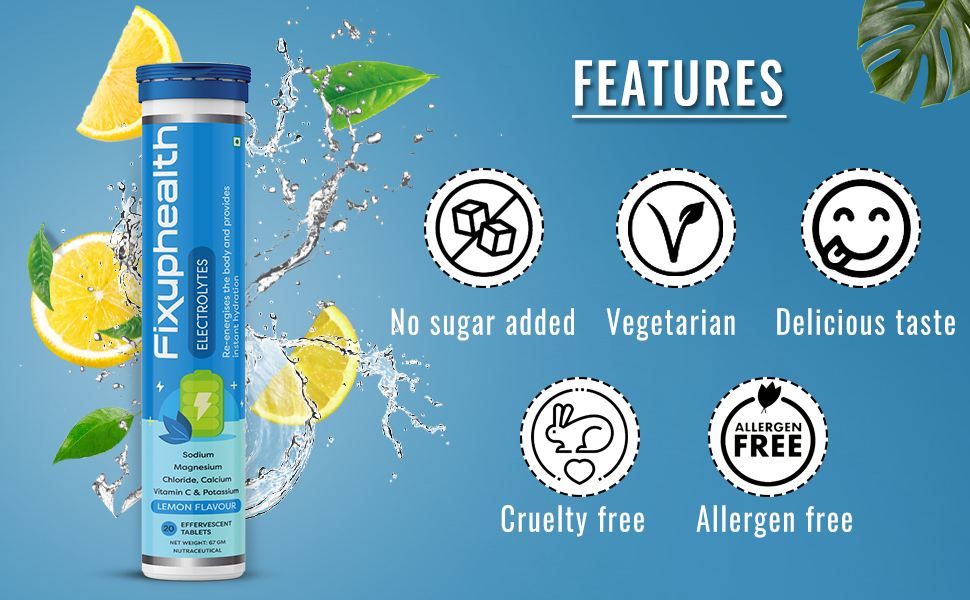 Fixuphealth Electrolyte Effervescent Tablets | Hydration Drink with Sodium, Potassium, Magnesium, Calcium & Vitamin C | Sugar Free Electrolytes for Workout, Travel & Daily Hydration | Lemon Flavour | 20 Tablets