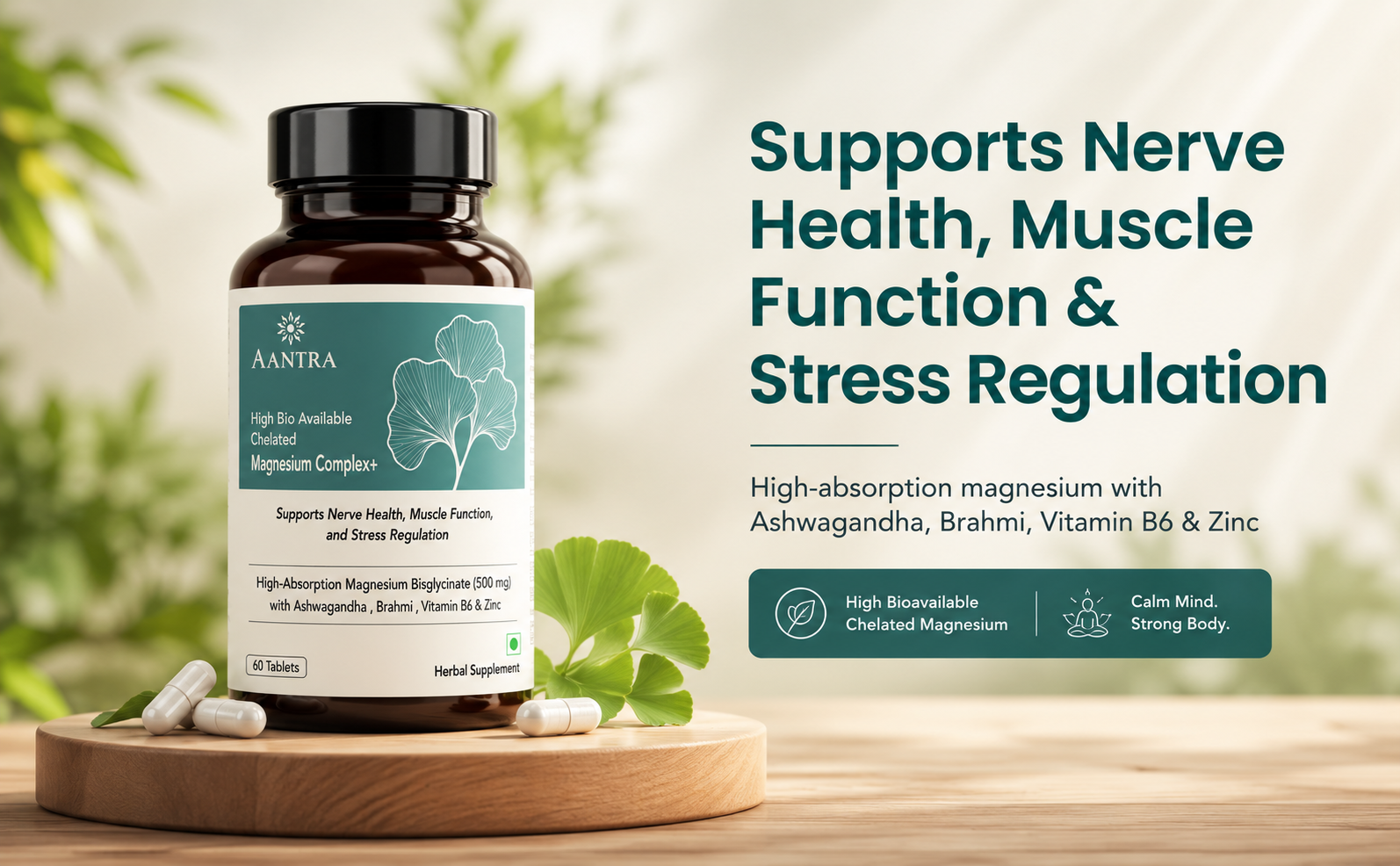 Magnesium Complex with Ashwagandha & Brahmi | Enhanced Absorption Magnesium Bisglycinate + Vitamin B6 & Zinc | 30 Tablet