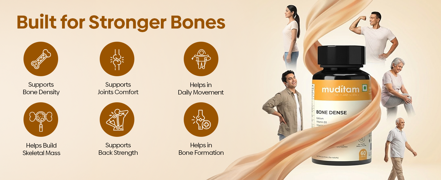 Muditam Ayurveda Bone Dense Calcium & Bone Support Supplement with Vitamin D3, K2 & Magnesium | Supports Bone Density & Strength | Vegetarian Tablets | 60 Tablets (1 Bottle)