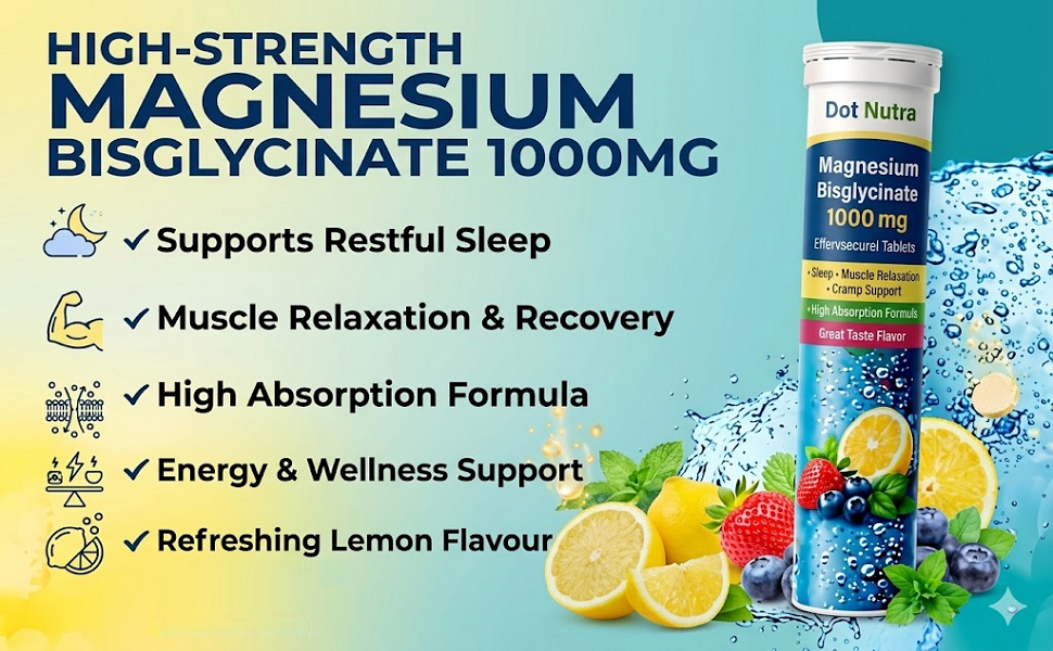 Magnesium Bisglycinate Effervescent Tablets, 1000 mg, Sleep and Muscle Relaxation Support, Lemon Flavour, 15 Tablets (Pack of 1)