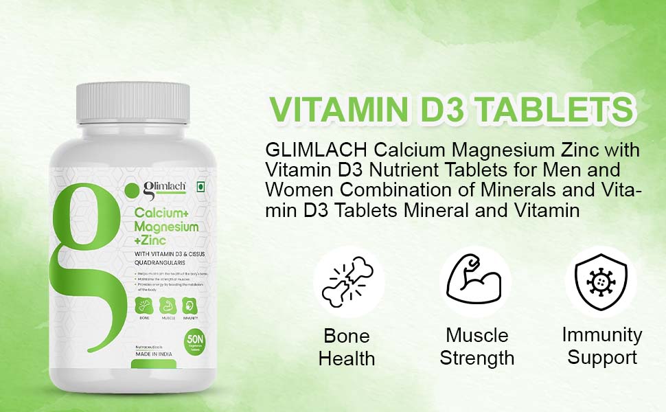 GLIMLACH Calcium Magnesium Zinc with Vitamin D3 | Nutrient Tablets for Men and Women | Combination of Minerals and Vitamin D3 Tablets | Mineral and Vitamin Tablet Pack | 50 Tablets Pack