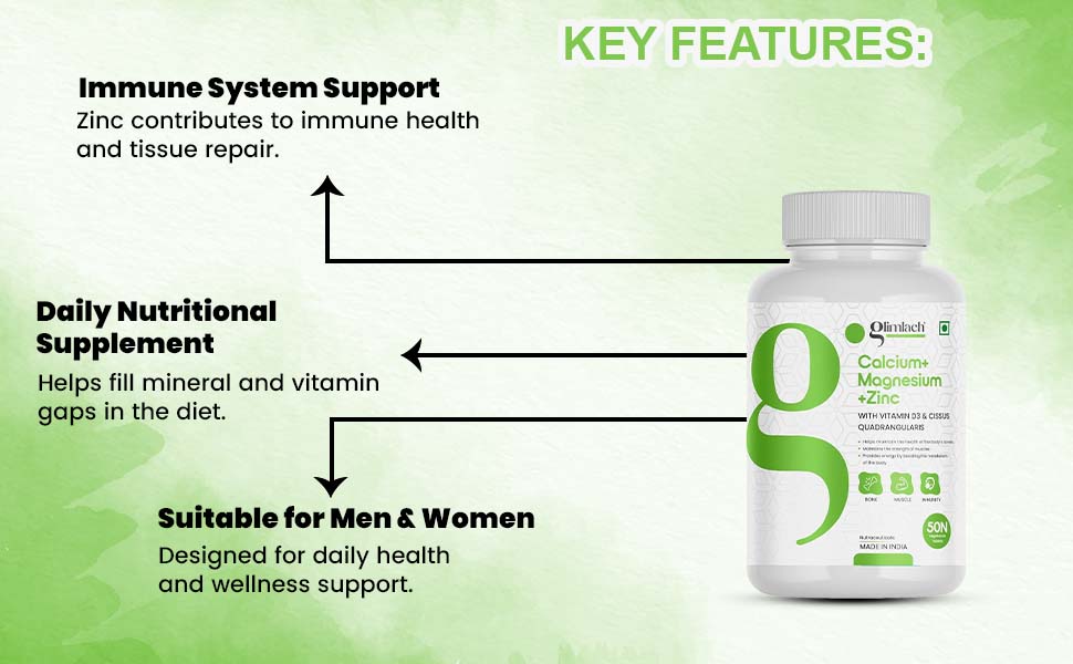 GLIMLACH Calcium Magnesium Zinc with Vitamin D3 | Nutrient Tablets for Men and Women | Combination of Minerals and Vitamin D3 Tablets | Mineral and Vitamin Tablet Pack | 50 Tablets Pack